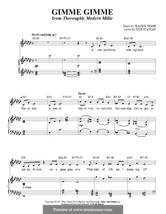 Gimme Gimme (from Thoroughly Modern Millie): Für Stimme und Klavier (oder Gitarre) by Jeanine Tesori