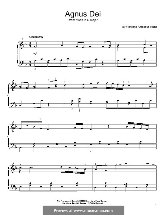 Krönungsmesse Nr.15 in C-Dur, K.317: Agnus Dei (excerpt), for piano by Wolfgang Amadeus Mozart