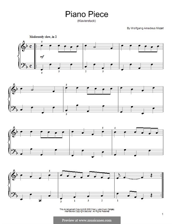 Stück für Klavier in F-Dur, K.33b: Für einen Interpreten by Wolfgang Amadeus Mozart