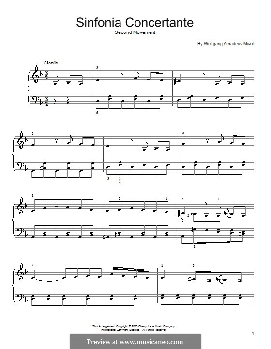 Sinfonia Concertante für Violine, Bratsche und Orchester in Es-Dur, K.364: Teil II. Bearbeitung für Klavier by Wolfgang Amadeus Mozart