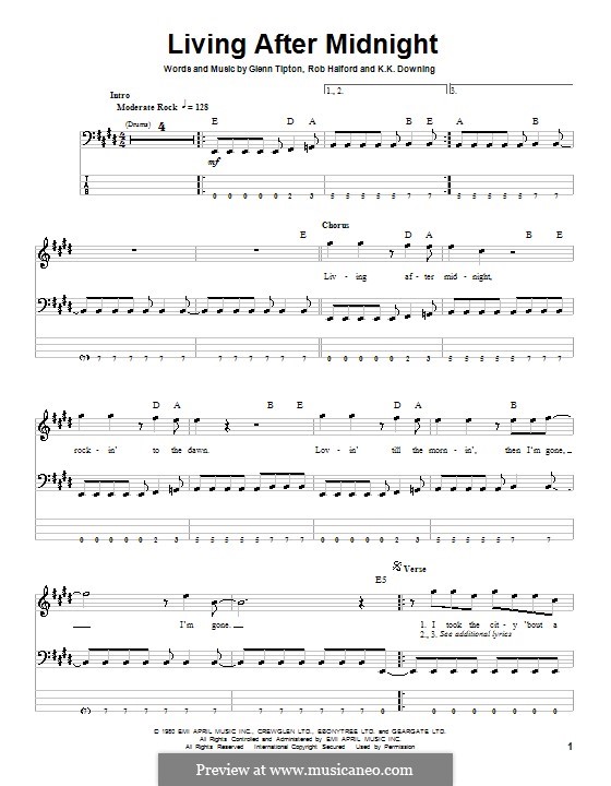 Living After Midnight (Judas Priest): Für Bassgitarre mit Tabulatur by Glenn Tipton, K. K. Downing, Robert Halford