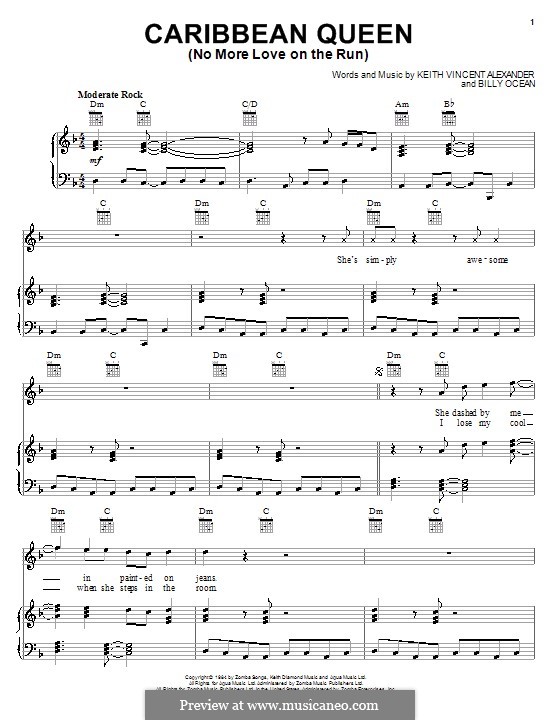 Caribbean Queen (No More Love on the Run): Für Stimme mit Klavier oder Gitarre (Billy Ocean) by Keith Vincent Alexander