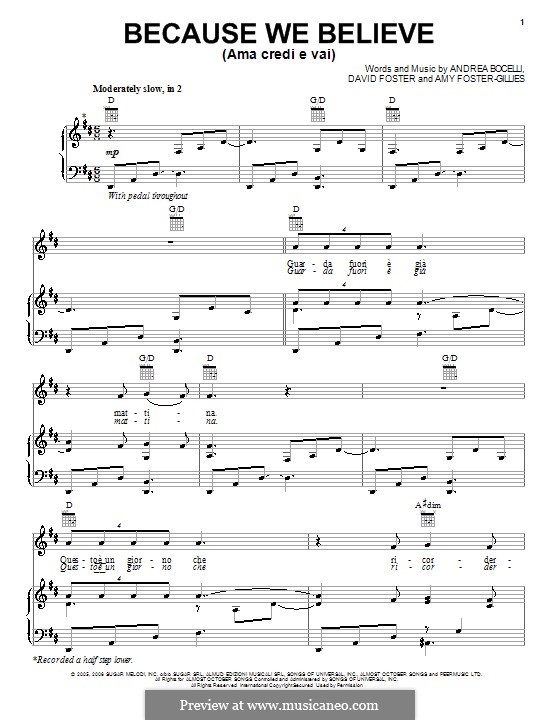 Because We Believe (Andrea Bocelli): Für Stimme und Klavier (oder Gitarre) by David Foster