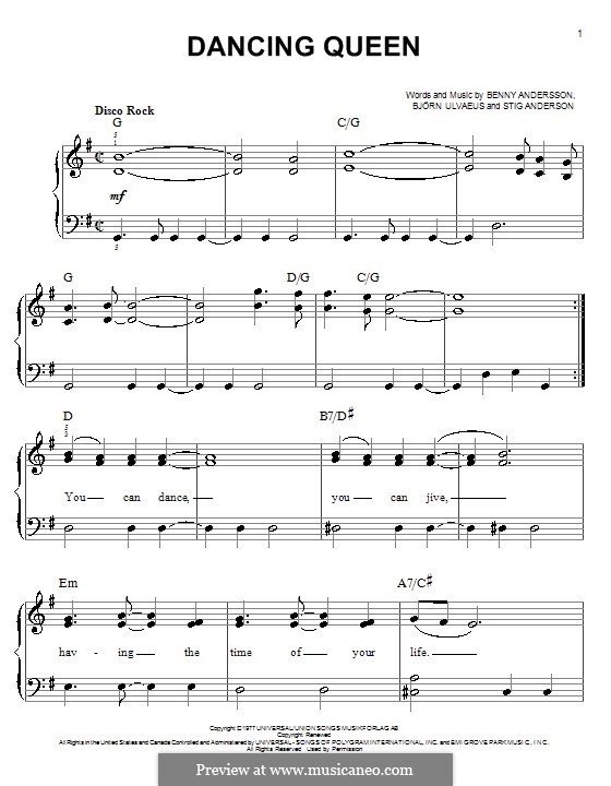 Piano version: Easy notes (G Major) by Benny Andersson, Björn Ulvaeus, Stig Anderson