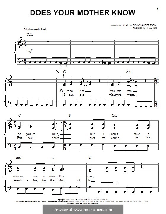Does Your Mother Know (ABBA): Für Klavier, leicht by Benny Andersson, Björn Ulvaeus