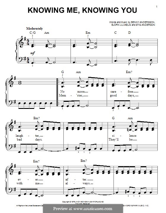 Knowing Me, Knowing You (ABBA): Einfache Noten für Klavier by Benny Andersson, Björn Ulvaeus, Stig Anderson