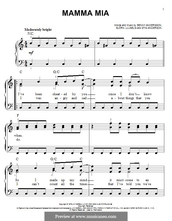 Mamma Mia (ABBA): Für Klavier (leicht, mit Akkordenbezeichnung) by Benny Andersson, Björn Ulvaeus, Stig Anderson