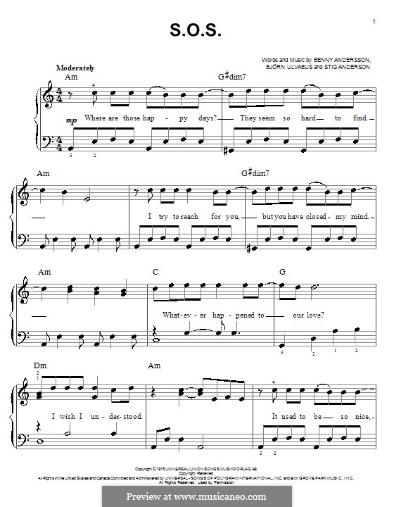 S.O.S. (ABBA): Für Klavier, leicht by Benny Andersson, Björn Ulvaeus, Stig Anderson