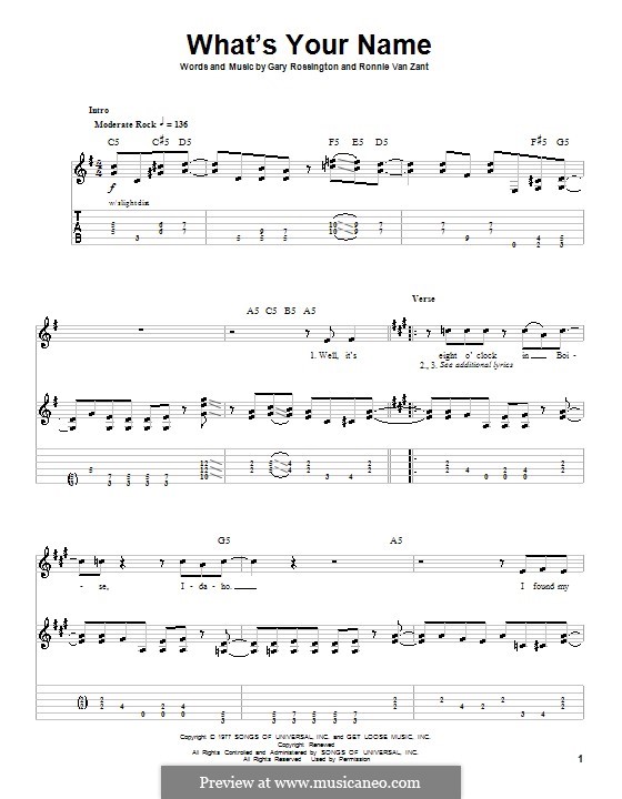 What's Your Name (Lynyrd Skynyrd): Für Gitarre mit Tabulatur by Gary Rossington, Ronnie Van Zant