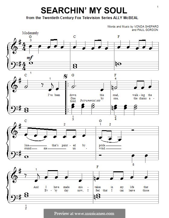 Searchin' My Soul (theme from Ally McBeal): Für Klavier (sehr leichte Fassung) by Paul Gordon, Vonda Shepard
