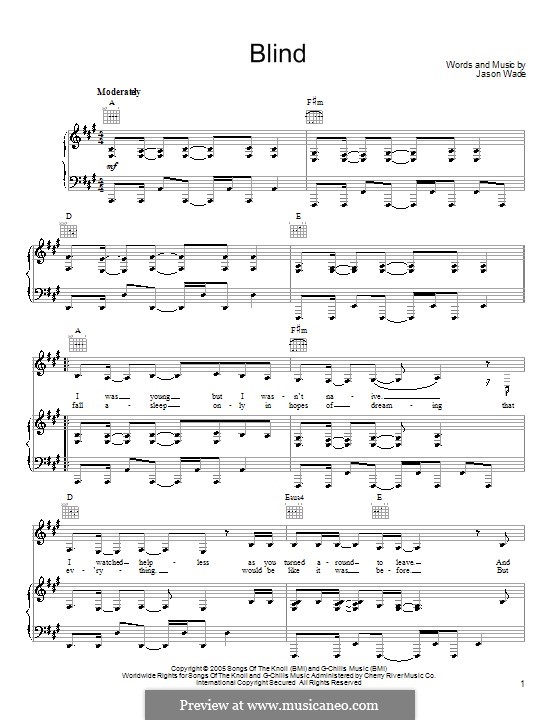 Blind (Lifehouse): Für Stimme und Klavier (oder Gitarre) by Jason Wade