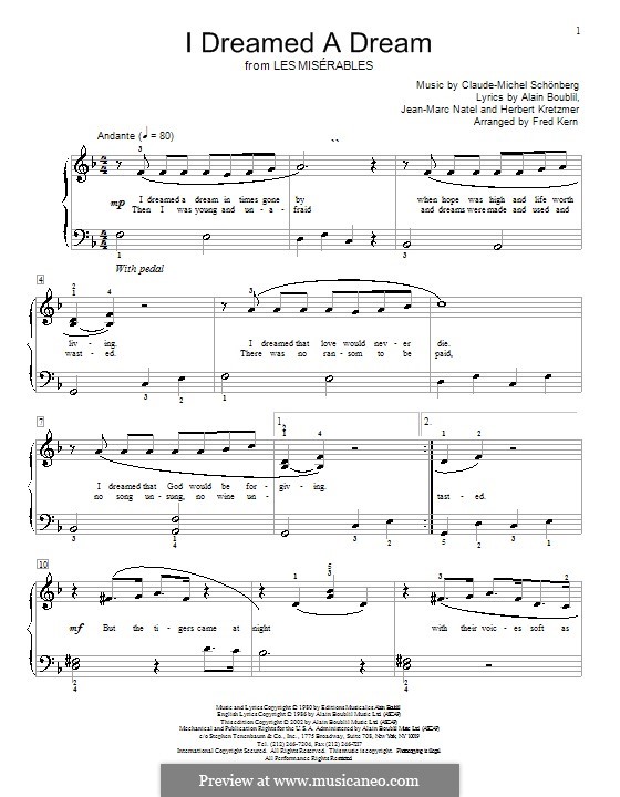 I Dreamed a Dream, for Piano: Easy version (with fingering) by Claude-Michel Schönberg