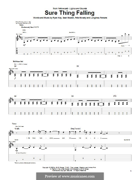 Sure Thing Falling (Yellowcard): Für Gitarre mit Tabulatur by Longineu Parsons, Peter Mosely, Ryan Key, Sean Mackin