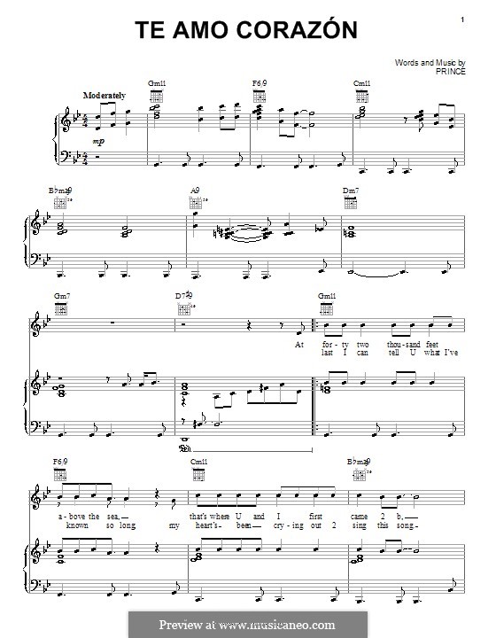 Te Amo Corazon: Für Stimme und Klavier (oder Gitarre) by Prince