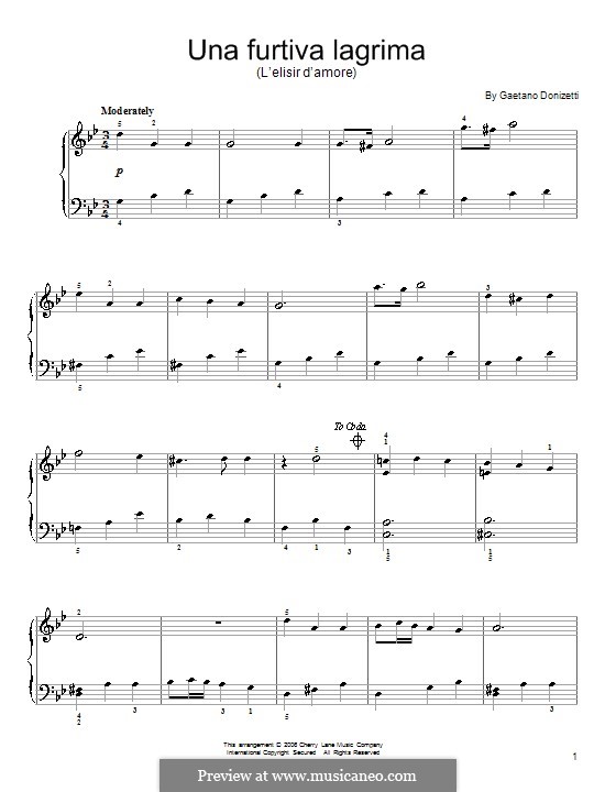 Der Liebestrank: Akt II, Romanze Nemorino 'Una furtiva lagrima', für Klavier by Gaetano Donizetti