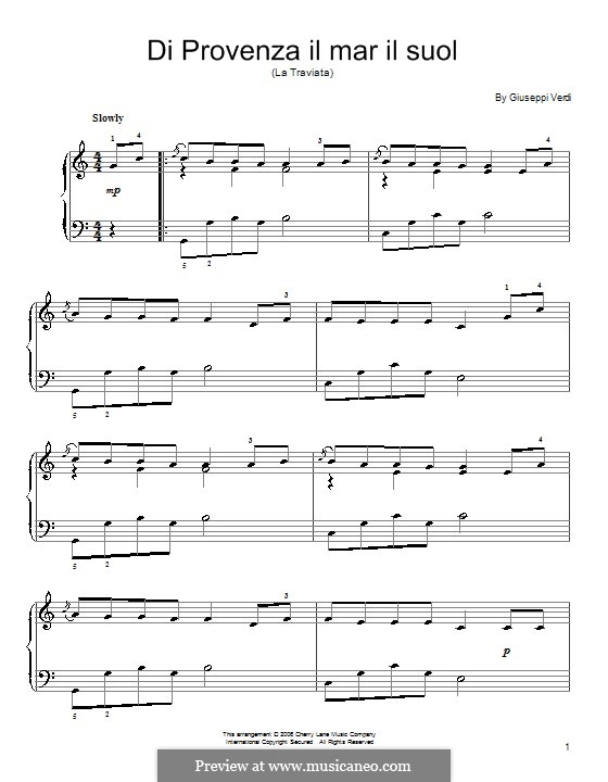 Di provenza il mar: Einfache Noten für Klavier by Giuseppe Verdi