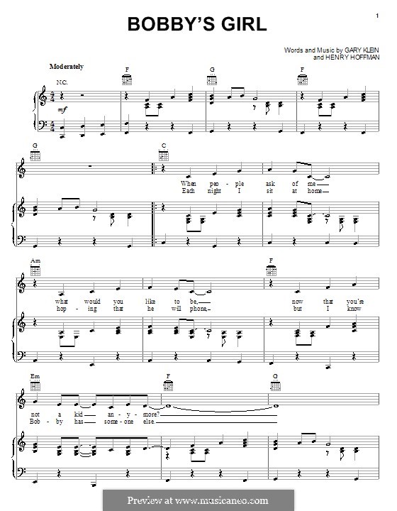 Bobby's Girl (Marcie Blane): Für Stimme und Klavier (oder Gitarre) by Gary Klein, Henry Hoffman