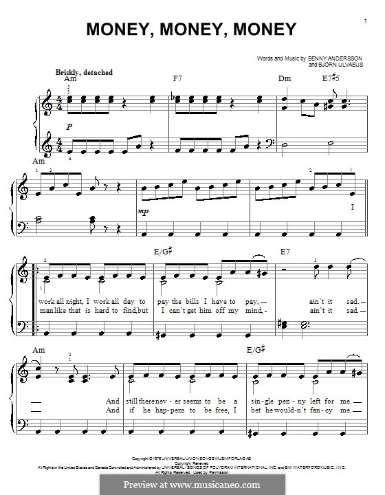 Money, Money, Money (ABBA): Für Klavier, leicht by Benny Andersson, Björn Ulvaeus