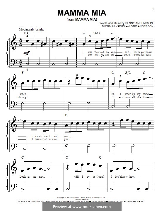 Mamma Mia (ABBA): Für Klavier (sehr leichte Fassung) by Benny Andersson, Björn Ulvaeus, Stig Anderson