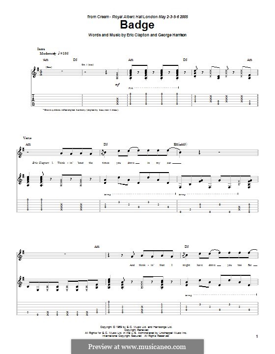 Badge (Cream): Für Gitarre by Eric Clapton, George Harrison