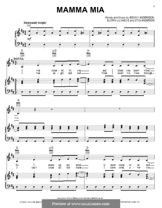 Mamma Mia (ABBA): Für Stimme und Klavier oder Gitarre (D-Dur) by Benny Andersson, Björn Ulvaeus, Stig Anderson