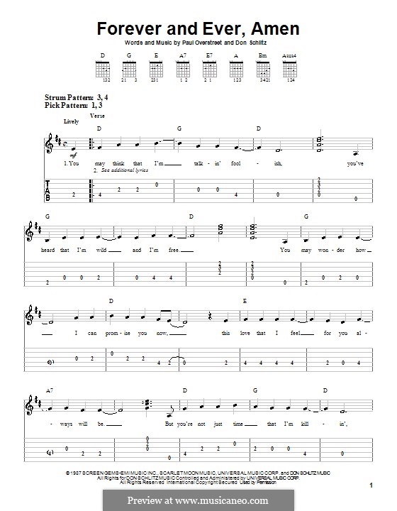 Forever and Ever, Amen (Randy Travis): Für Gitarre (Sehr leichte Fassung) by Don Schlitz, Paul Overstreet