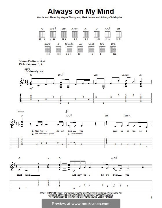 Always on My Mind: Leichte Tabulatur für Gitarre (Willie Nelson) by Johnny Christopher, Mark James, Wayne Carson Thompson