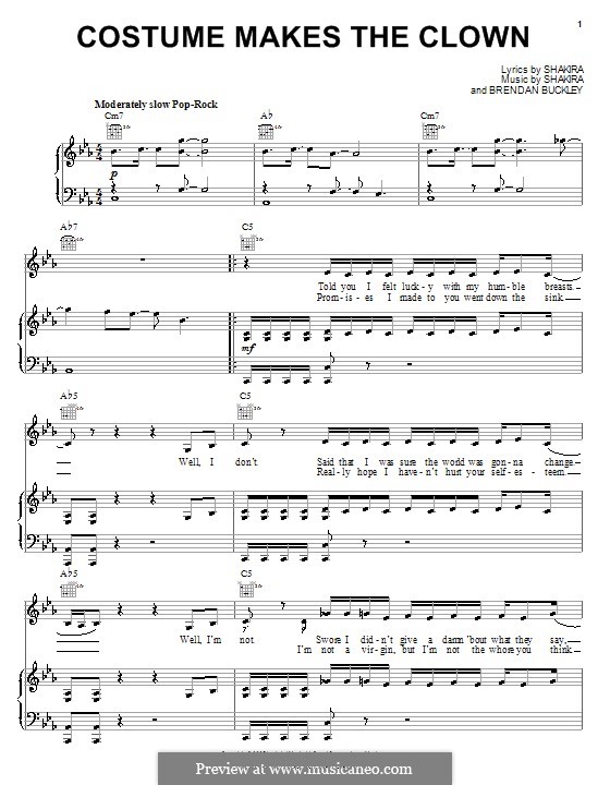 Costume Makes the Clown (Shakira): Für Stimme und Klavier (oder Gitarre) by Brendan Buckley