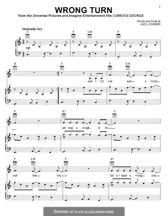 Wrong Turn: Für Stimme und Klavier (oder Gitarre) by Jack Johnson