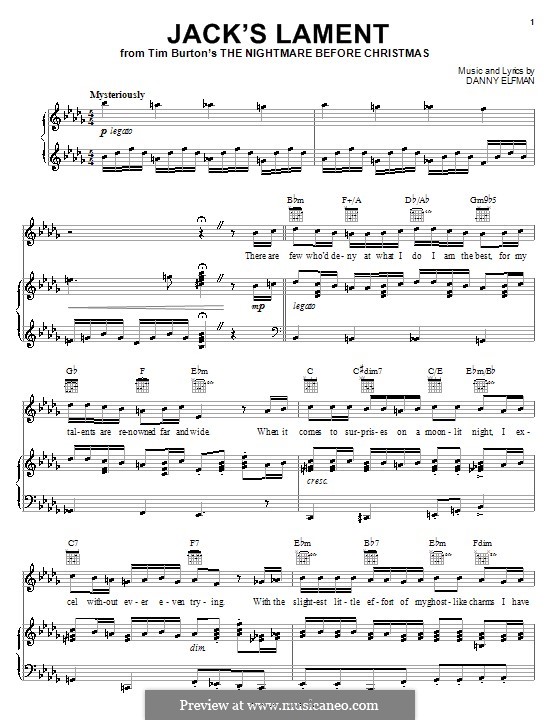 The Nightmare Before Christmas: Jack's Lament, for voice and piano (or guitar) by Danny Elfman