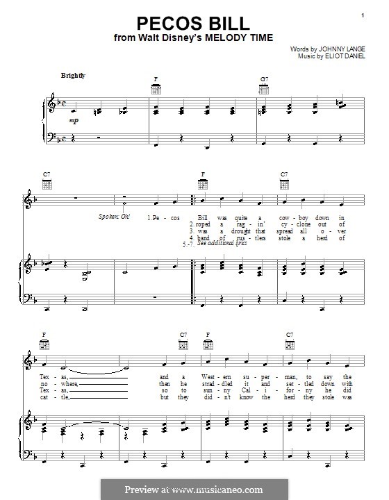 Pecos Bill: Für Stimme und Klavier (oder Gitarre) by Eliot Daniel, Johnny Lange