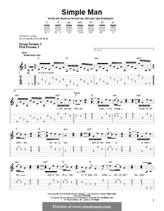 Simple Man (Lynyrd Skynyrd): Für Gitarre (Sehr leichte Fassung) by Gary Rossington, Ronnie Van Zant