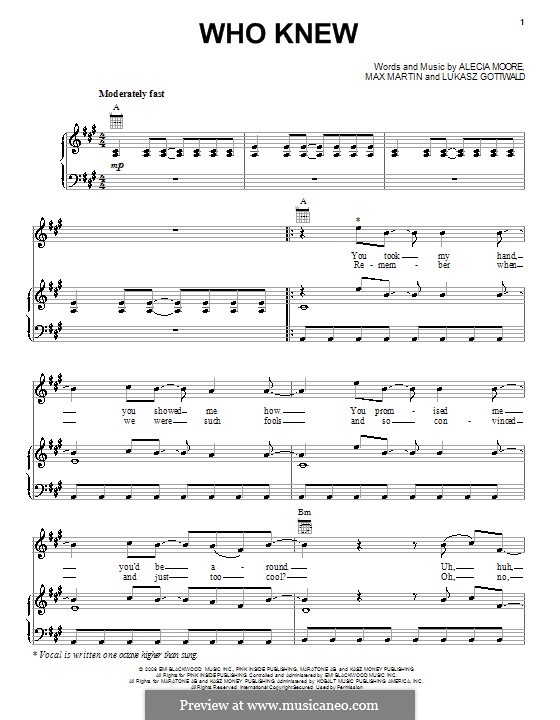Who Knew (Pink): Für Stimme und Klavier (oder Gitarre) by Alecia Moore, Lukas Gottwald, Max Martin
