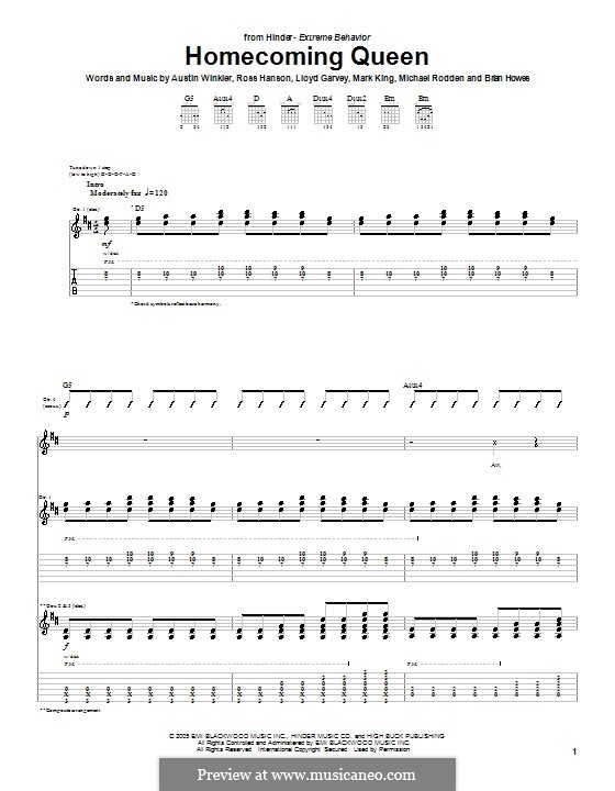 Homecoming Queen (Hinder): Für Gitarre mit Tabulatur by Austin Winkler, Brian Howes, Lloyd Garvey, Mark King, Michael Rodden, Ross Hanson