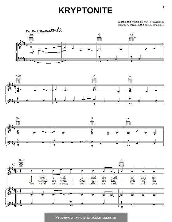 Kryptonite (3 Doors Down): Für Stimme und Klavier (oder Gitarre) by Brad Arnold, Matthew Roberts, Todd Harrell