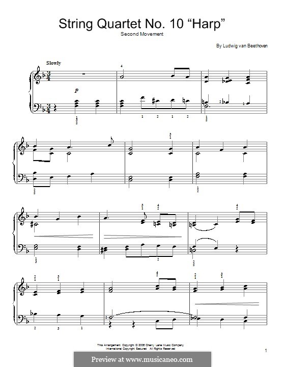 Streichquartett Nr.10 in Es-Dur 'Harfenquartett', Op.74: Teil II (Theme). Version for easy piano by Ludwig van Beethoven