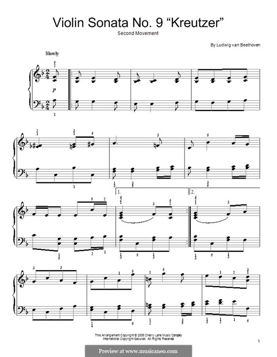 Sonate für Violine und Klavier Nr.9 'Kreutzer', Op.47: Teil II (Thema). Version für Klavier by Ludwig van Beethoven