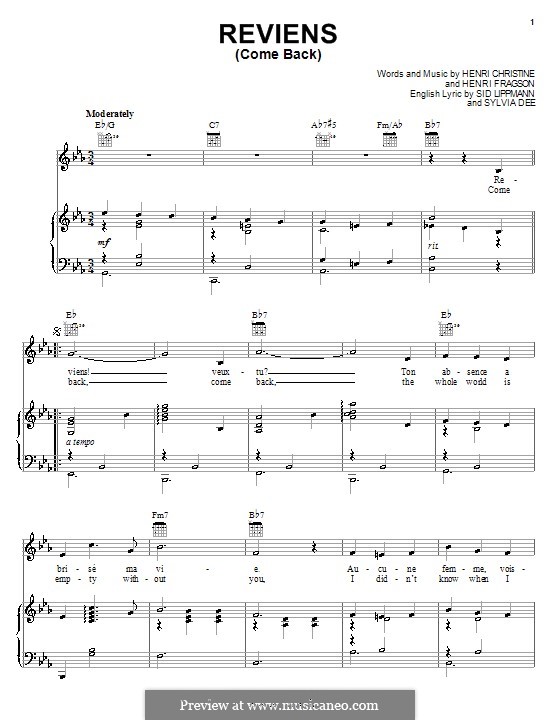 Reviens (Come Back): Für Stimme mit Klavier oder Gitarre (Henri Christine) by Henri Fragson, Sidney Lippman, Sylvia Dee