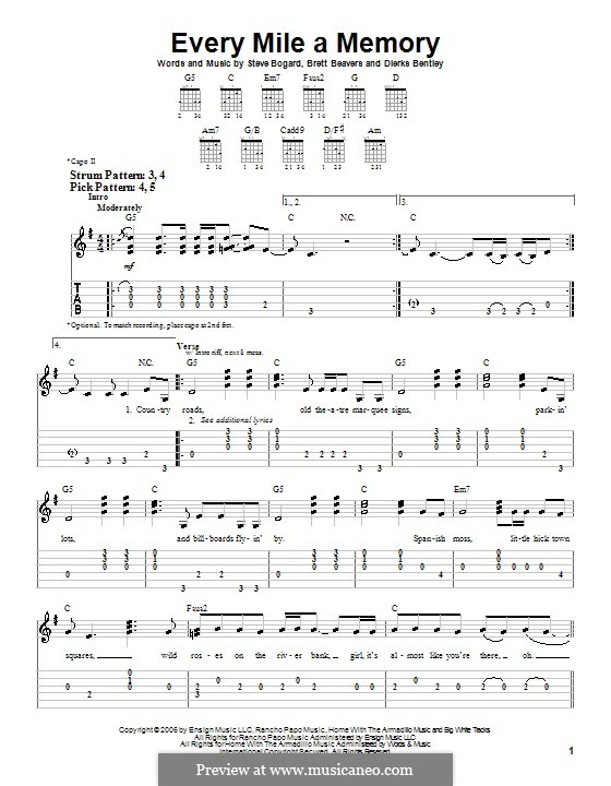 Every Mile a Memory (Dierks Bentley): Für Gitarre (Sehr leichte Fassung) by Brett Beavers, Steve Bogard
