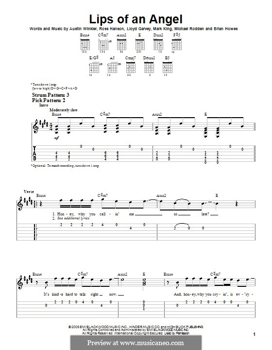 Lips of an Angel (Hinder): Für Gitarre (Sehr leichte Fassung) by Austin Winkler, Brian Howes, Lloyd Garvey, Mark King, Michael Rodden, Ross Hanson