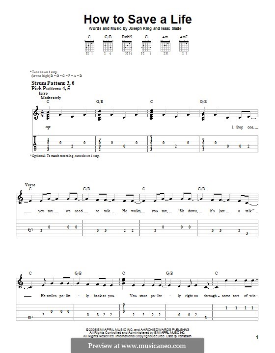 How to Save a Life (The Fray): Für Gitarre (Sehr leichte Fassung) by Isaac Slade, Joseph King