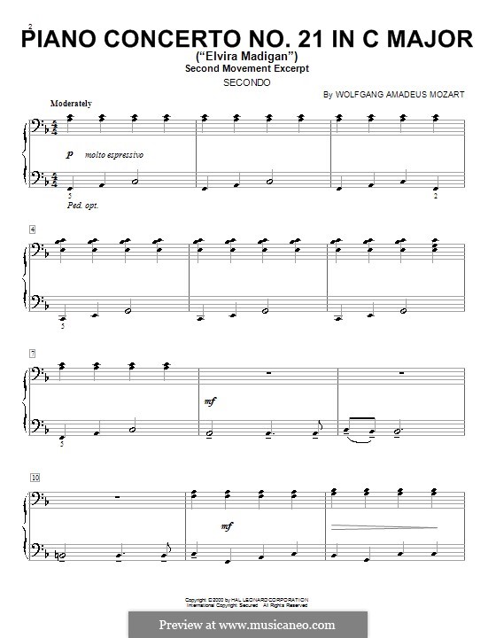 Konzert für Klavier und Orchester Nr.21 in C-Dur, K.467: Teil II (Fragment). Version für Klavier, vierhändig by Wolfgang Amadeus Mozart