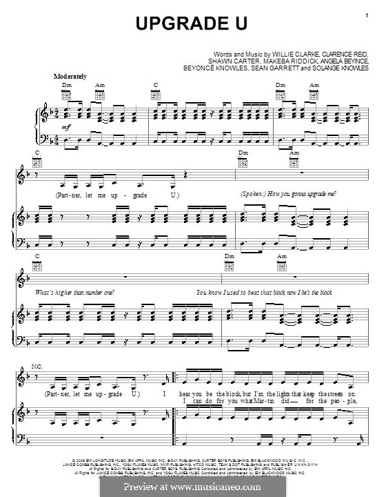 Upgrade U (Beyonce featuring Jay-Z): Für Stimme und Klavier (oder Gitarre) by Angela Beyince, Clarence Reid, Makeba Riddick, Sean Garrett, Jay-Z, Solange Knowles, Willie James Clarke