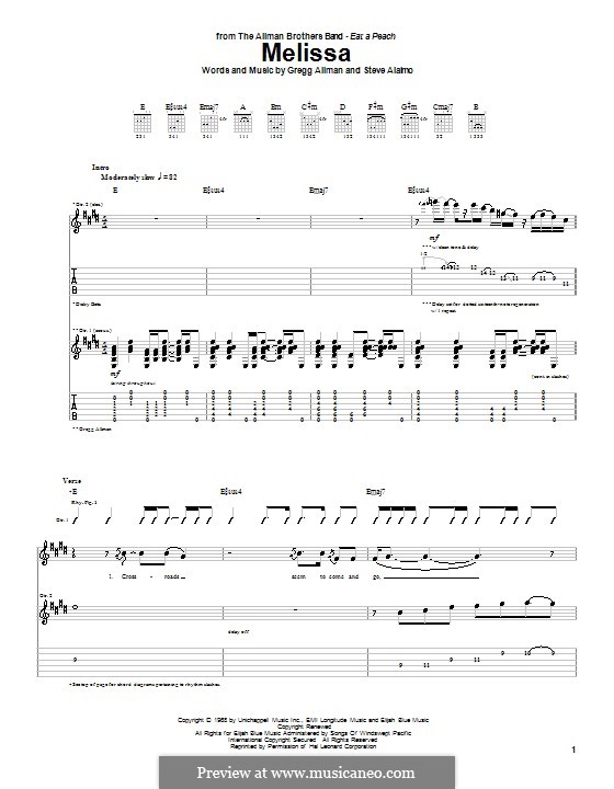 Melissa (The Allman Brothers Band): Für Gitarre mit Tab by Gregg Allman, Steve Alaimo