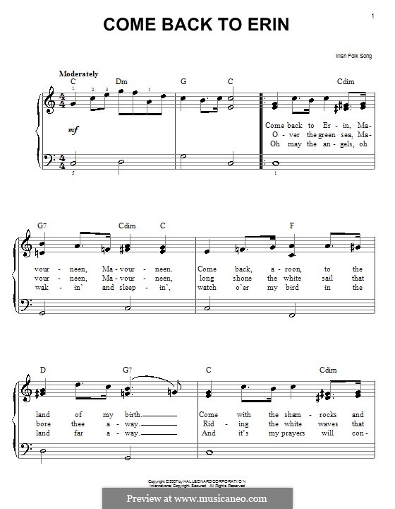 Come Back to Erin: Für Klavier, leicht by folklore