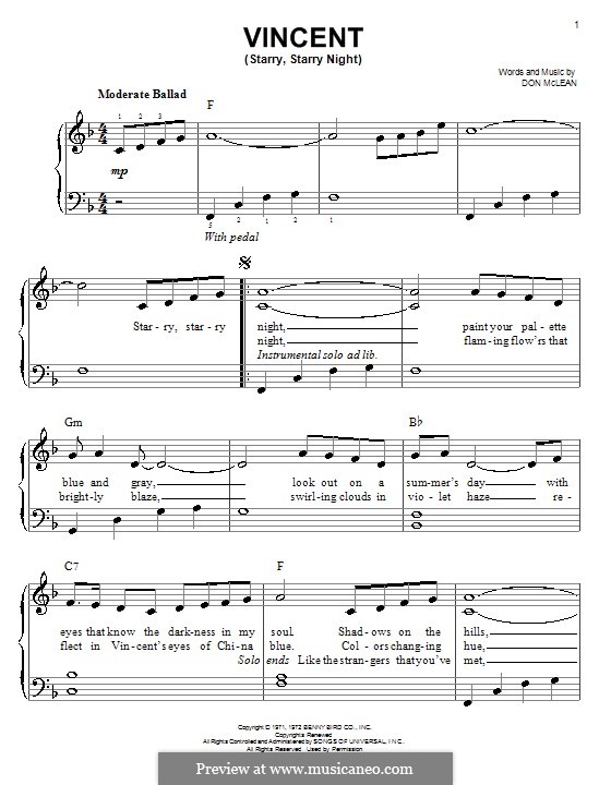 Vincent (Starry Starry Night): Für Klavier, leicht by Don McLean