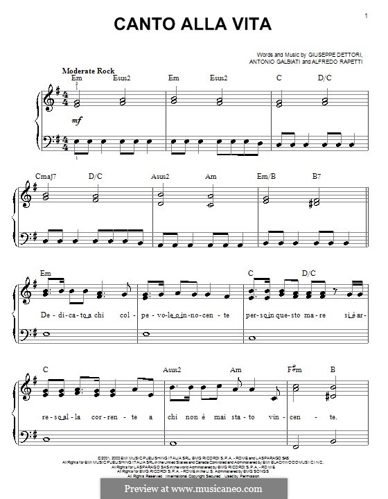 Canto alla vita (Josh Groban): Für Klavier by Alfredo Rapetti, Antonio Galbiati, Giuseppe Dettori