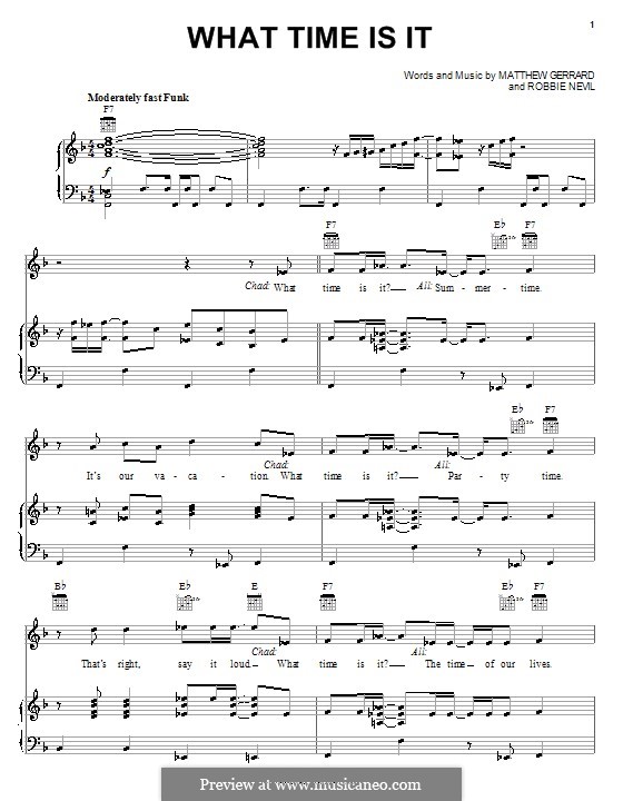 What Time Is It (from High School Musical 2): Für Stimme und Klavier (oder Gitarre) by Matthew Gerrard, Robbie Nevil
