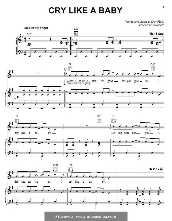 Cry Like a Baby (The Box Tops): Für Stimme und Klavier (oder Gitarre) by Dan Penn, Spooner Oldham