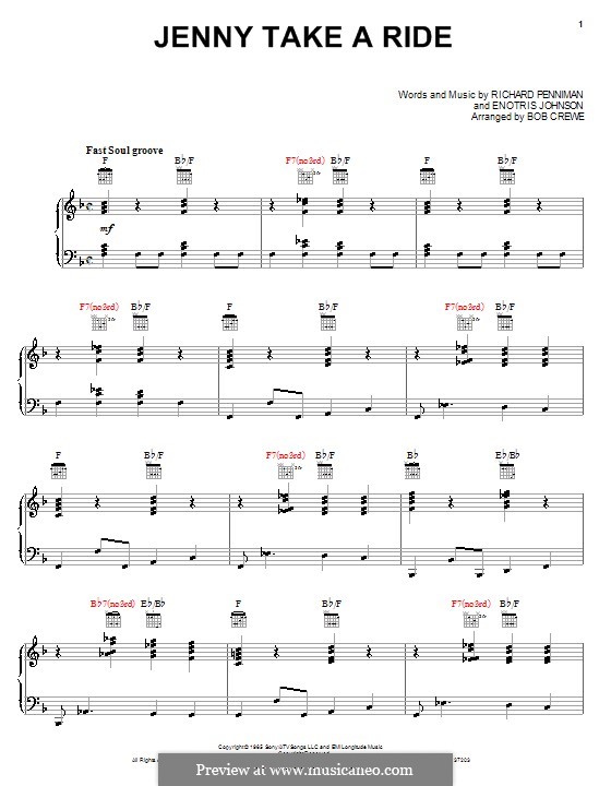 Jenny Take a Ride (Mitch Ryder & The Detroit Wheels): Für Stimme und Klavier (oder Gitarre) by Little Richard, Enotris Johnson